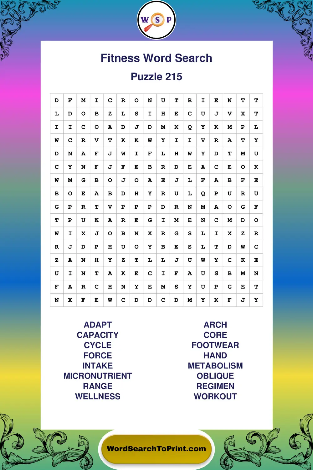 Fitness Word Search Puzzle 215