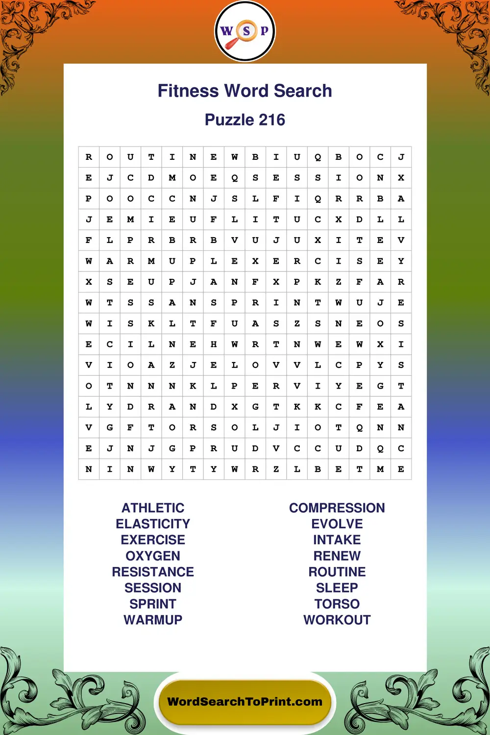 Fitness Word Search Puzzle 216
