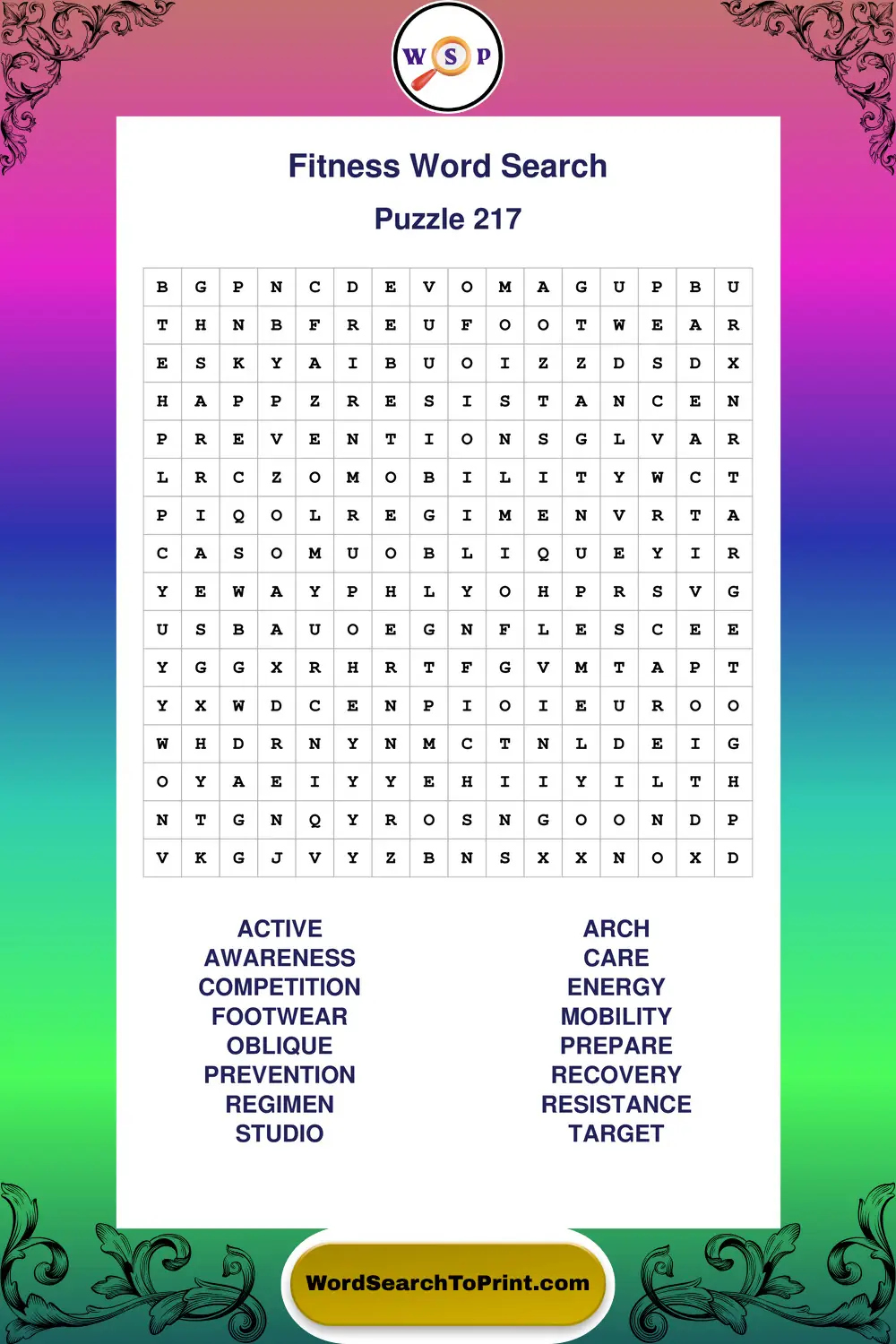 Fitness Word Search Puzzle 217