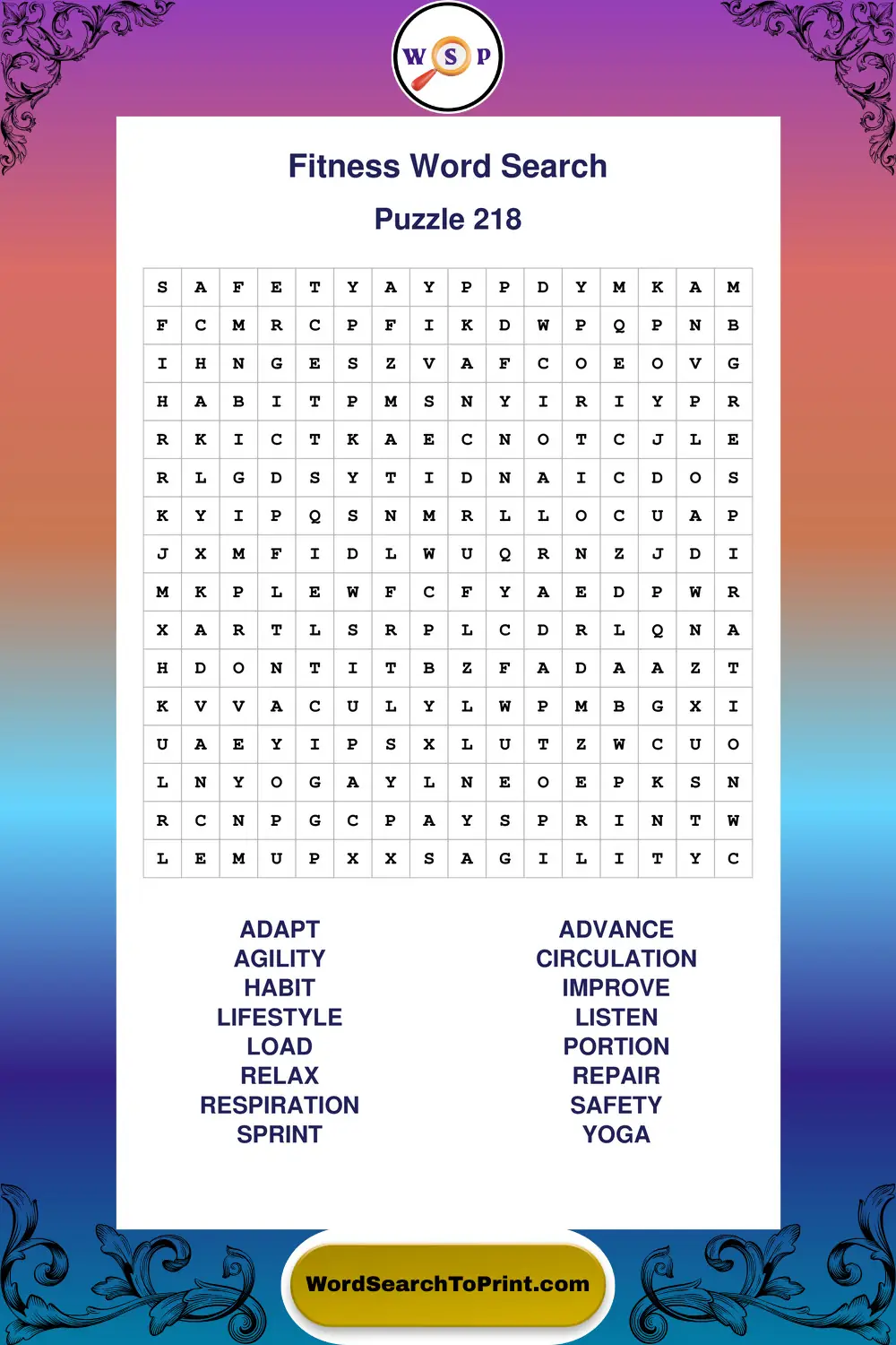 Fitness Word Search Puzzle 218