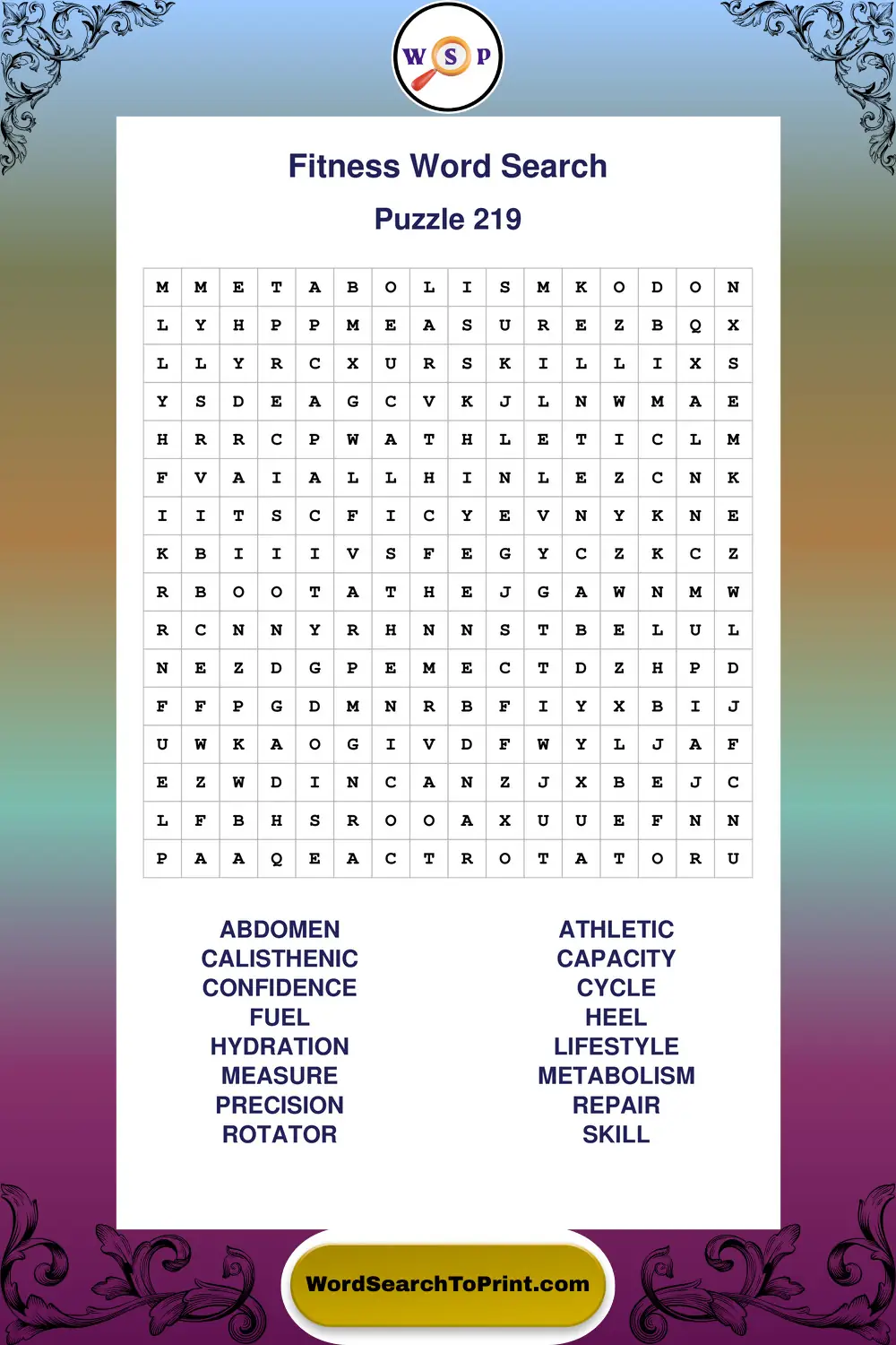 Fitness Word Search Puzzle 219