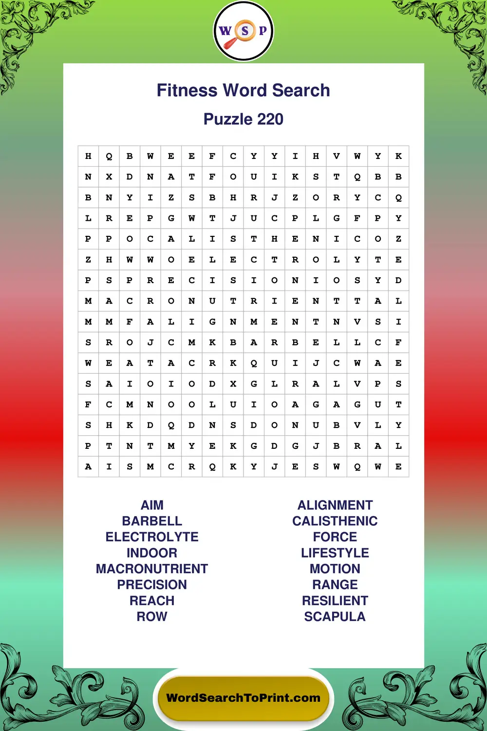 Fitness Word Search Puzzle 220