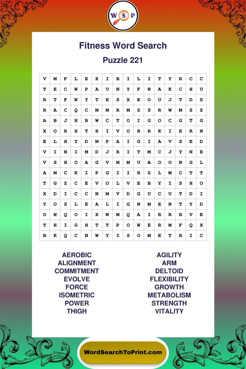 Fitness Word Search Puzzle 221