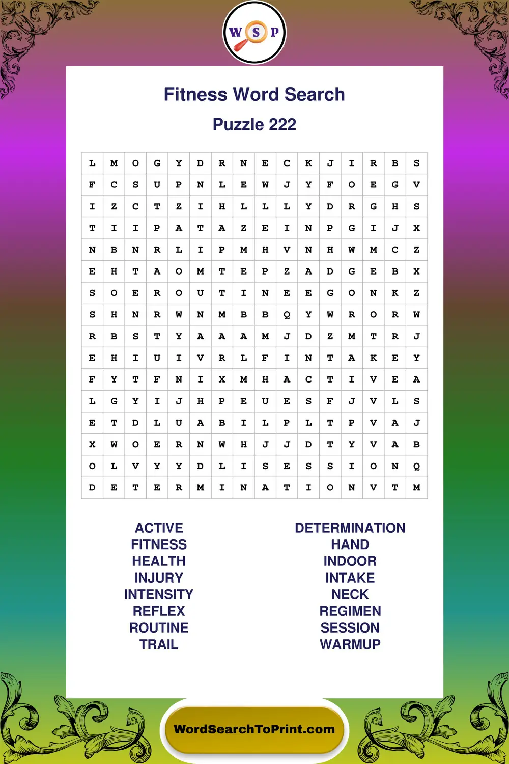 Fitness Word Search Puzzle 222