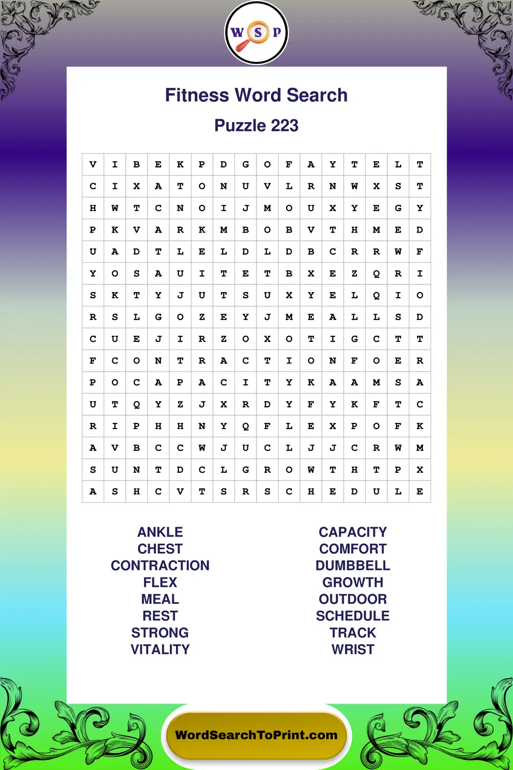 Fitness Word Search Puzzle 223
