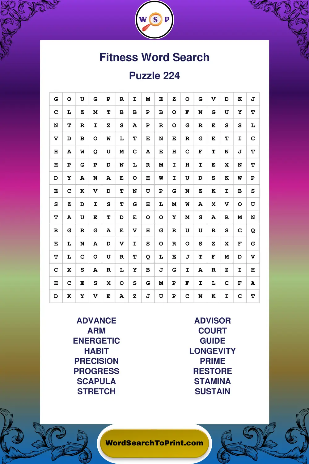 Fitness Word Search Puzzle 224
