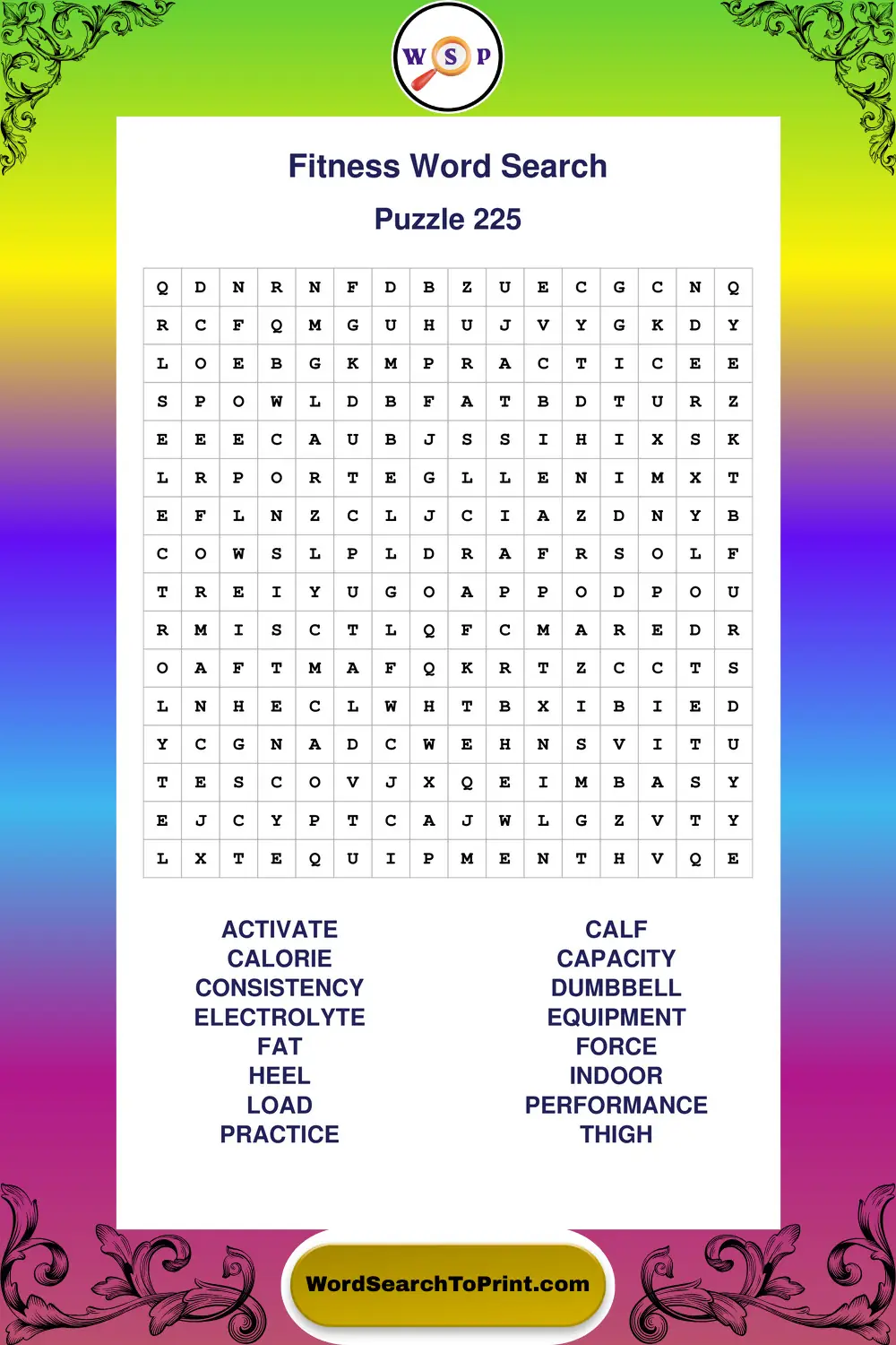Fitness Word Search Puzzle 225