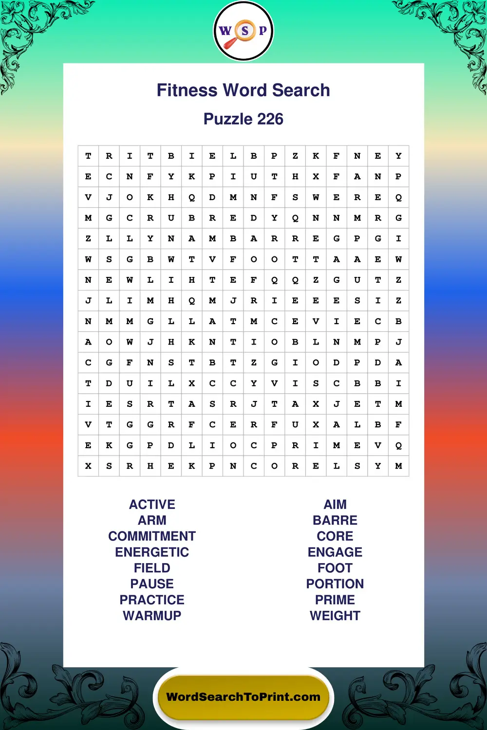 Fitness Word Search Puzzle 226