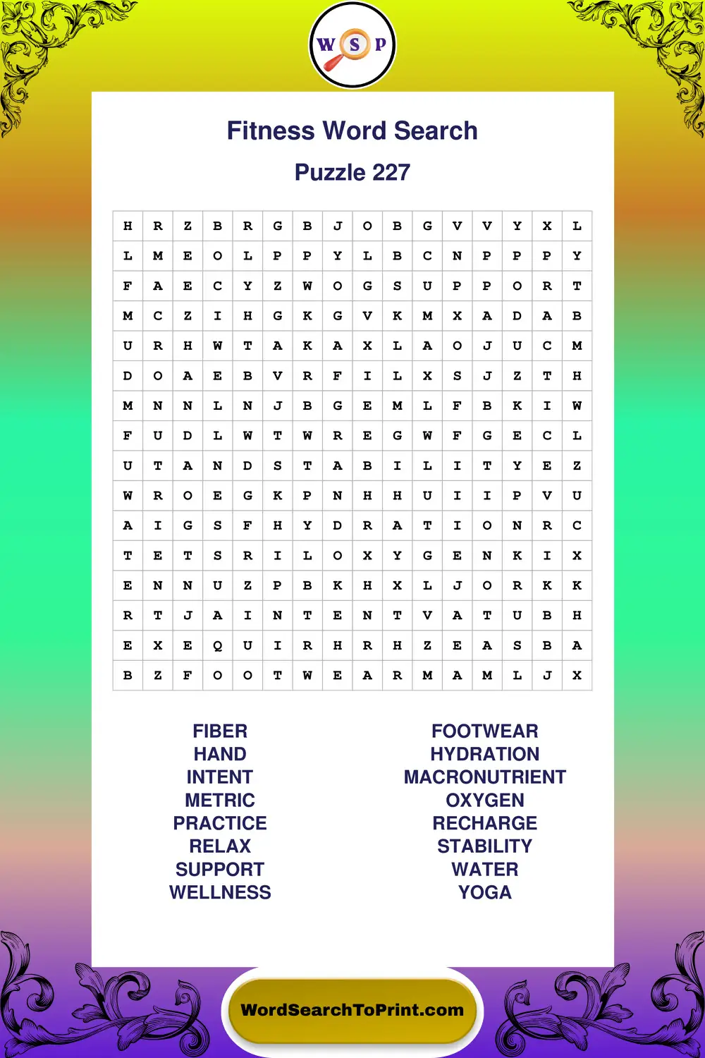 Fitness Word Search Puzzle 227