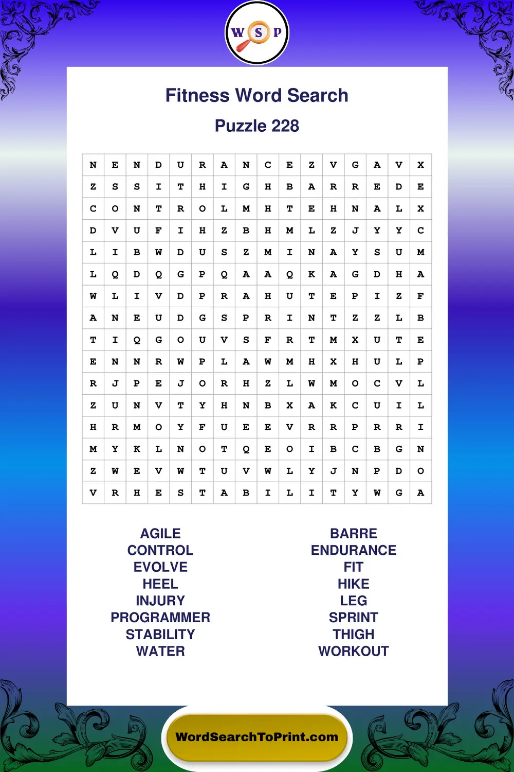 Fitness Word Search Puzzle 228