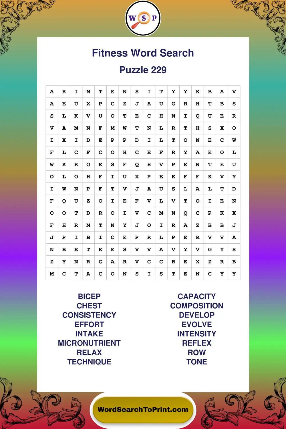 Fitness Word Search Puzzle 229