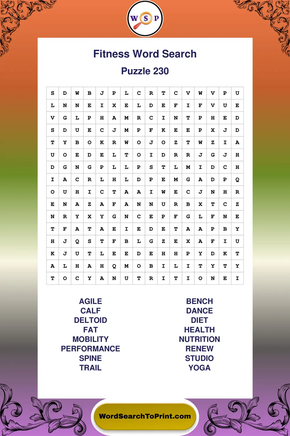 Fitness Word Search Puzzle 230