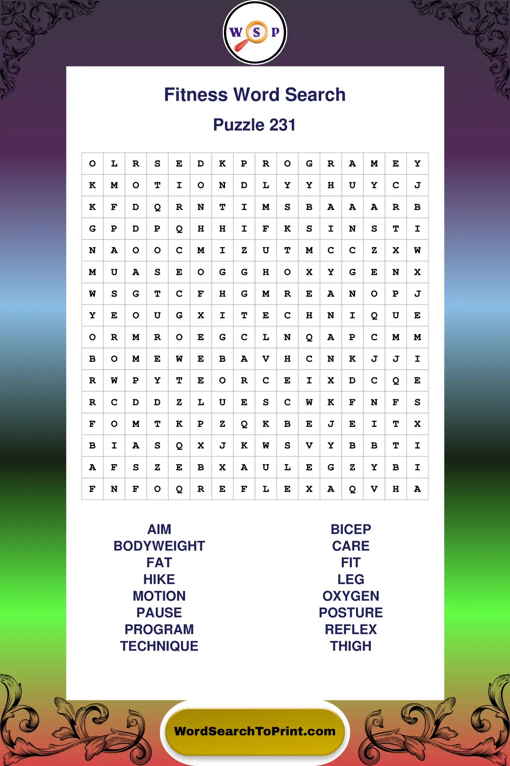 Fitness Word Search Puzzle 231