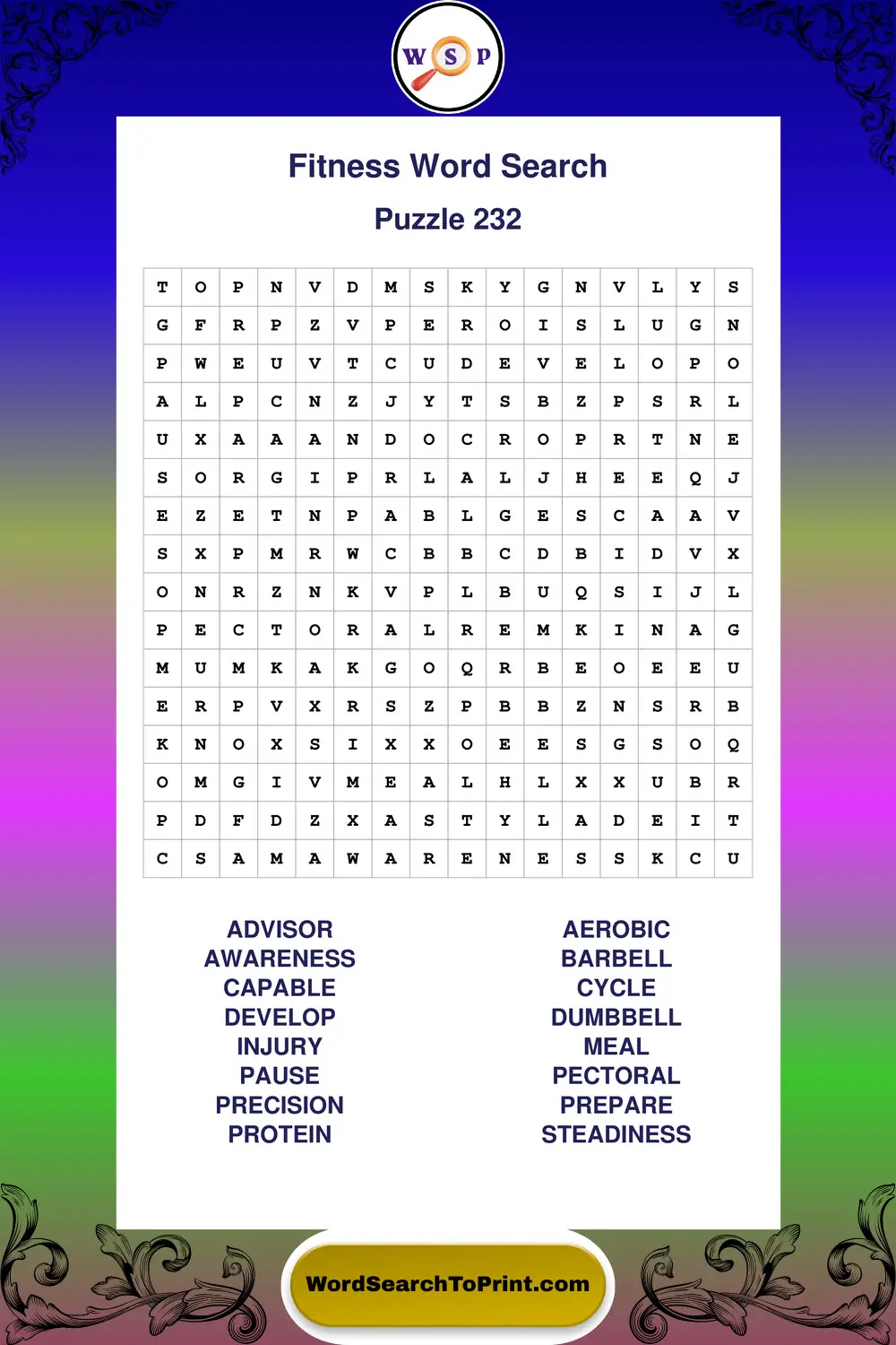 Fitness Word Search Puzzle 232