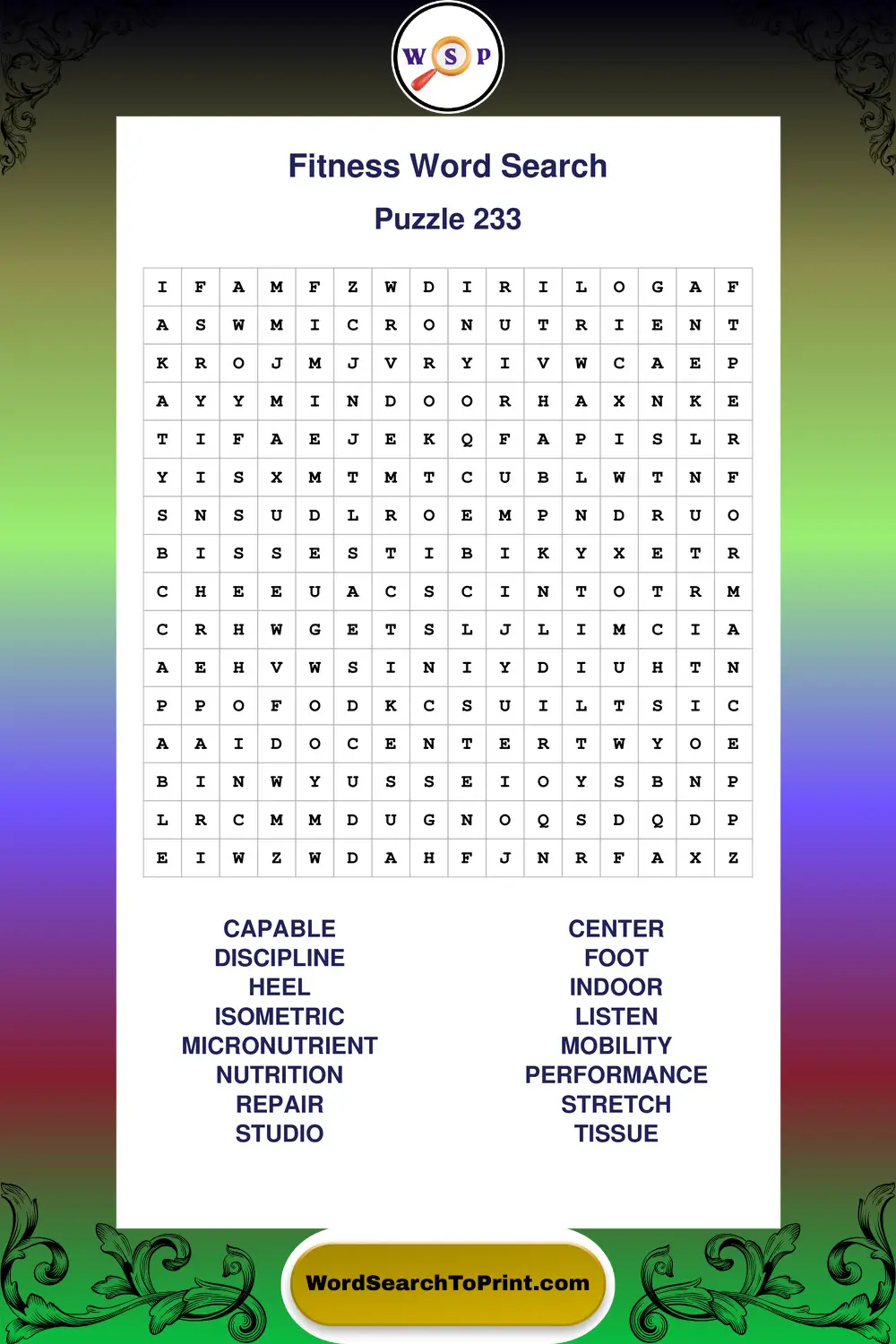 Fitness Word Search Puzzle 233