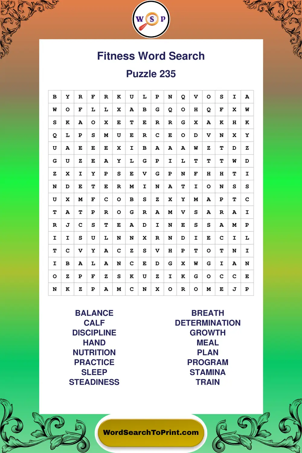 Fitness Word Search Puzzle 235