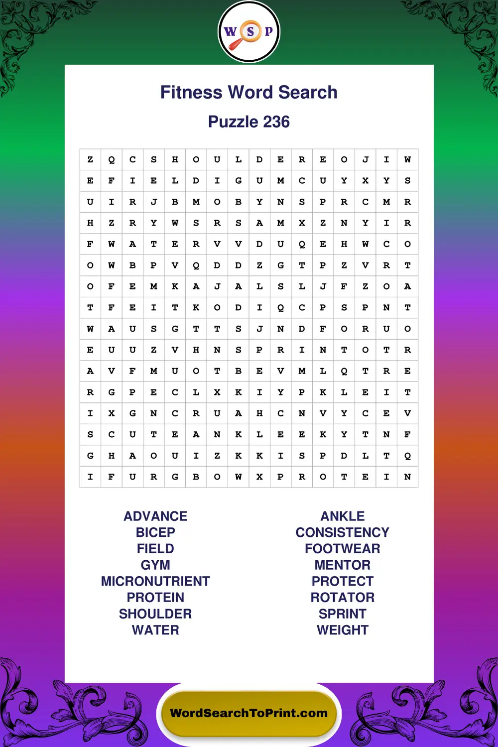 Fitness Word Search Puzzle 236