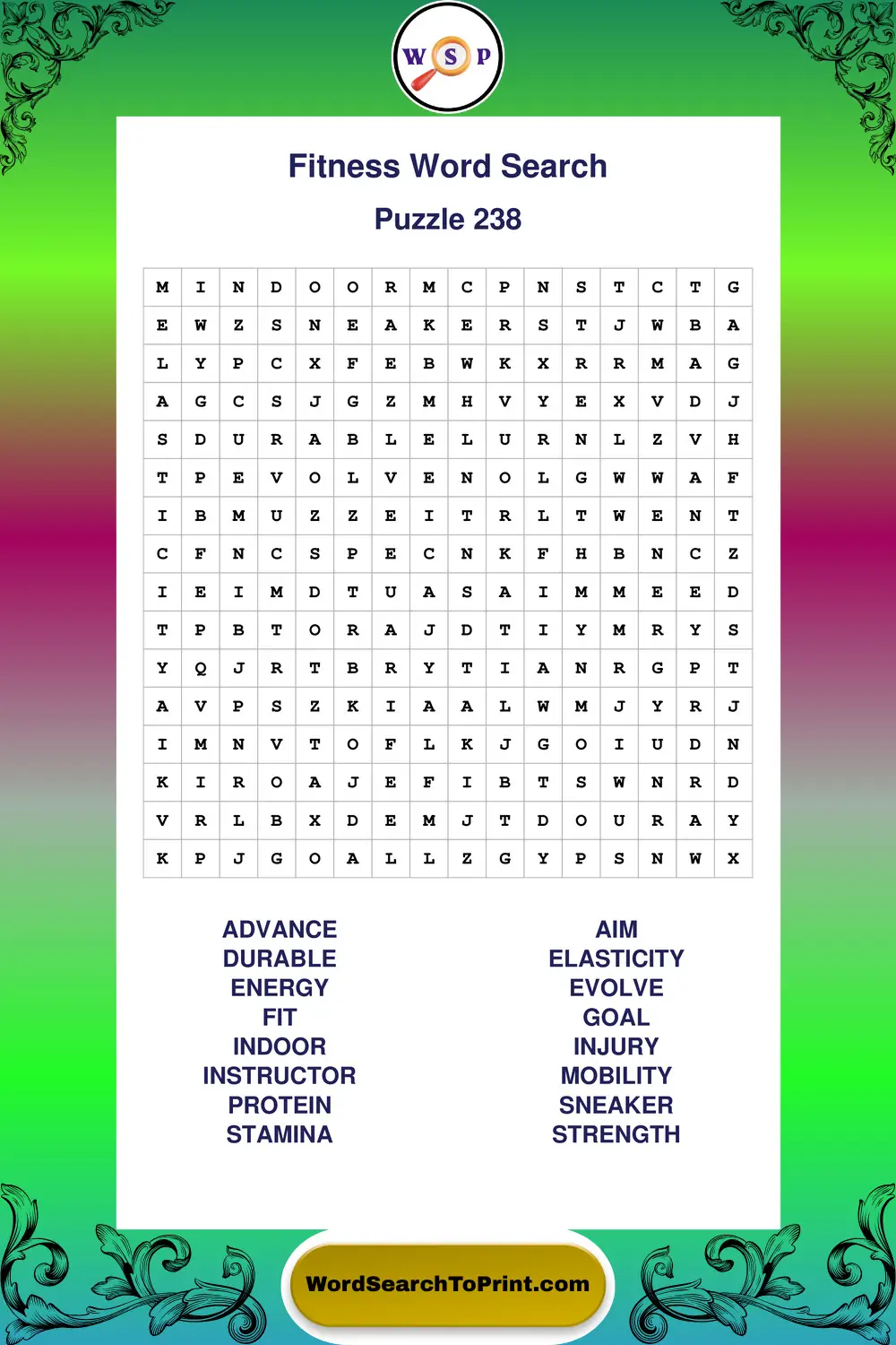 Fitness Word Search Puzzle 238