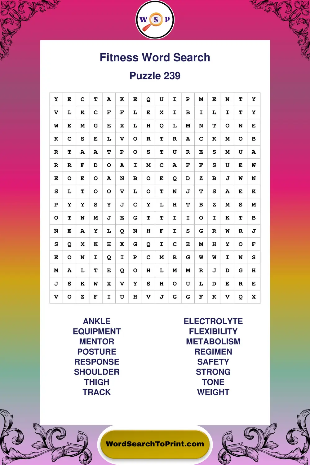 Fitness Word Search Puzzle 239