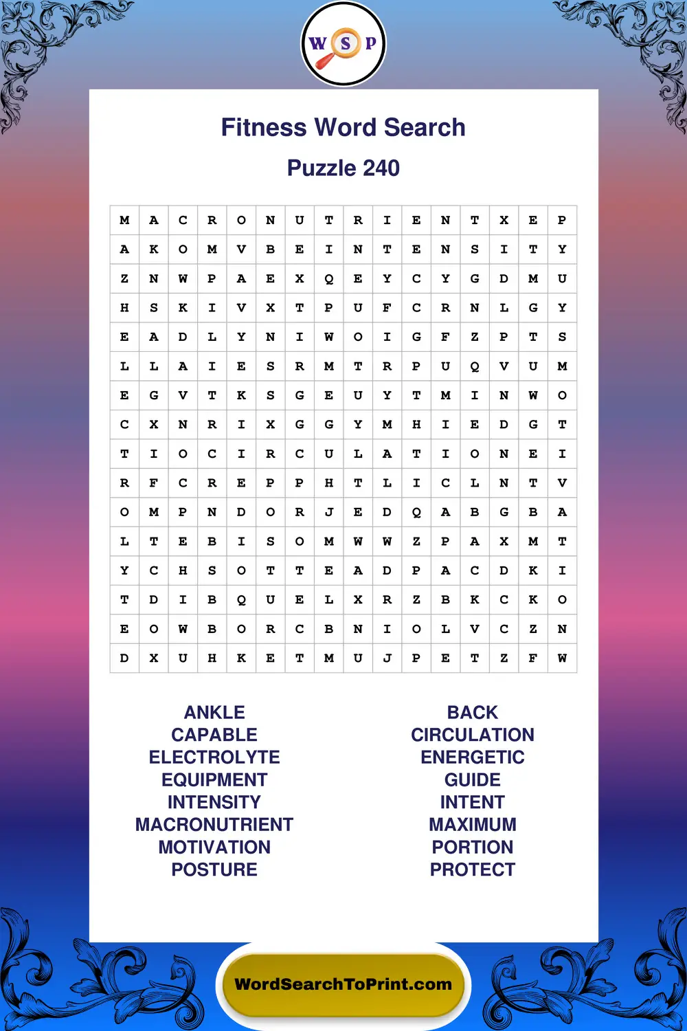 Fitness Word Search Puzzle 240