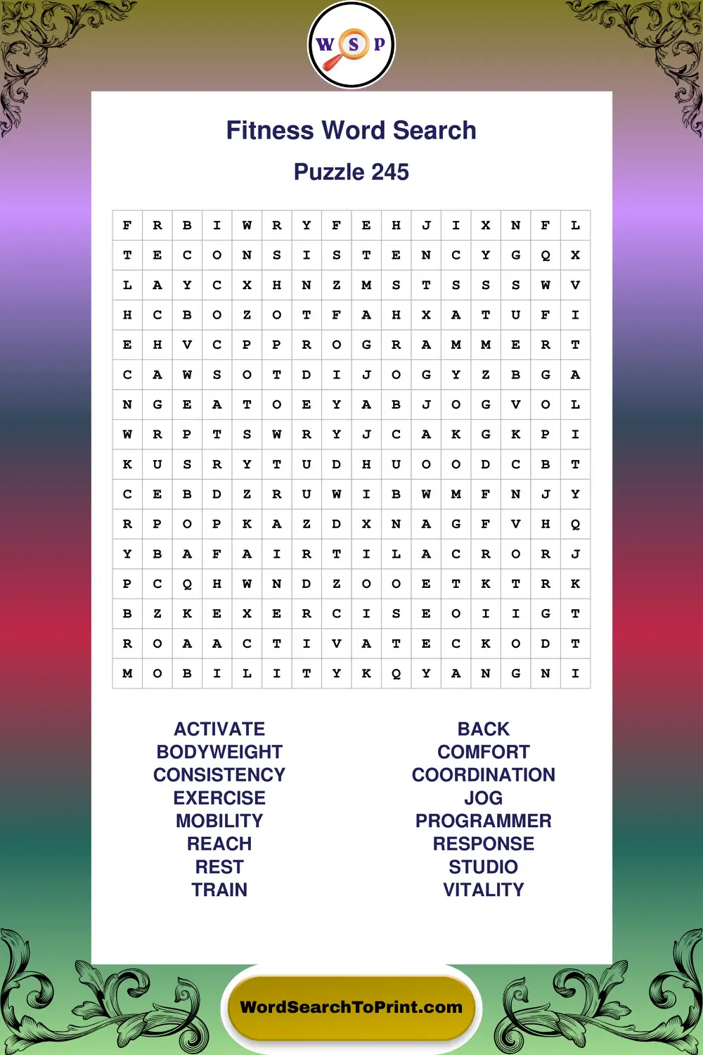 Fitness Word Search Puzzle 245