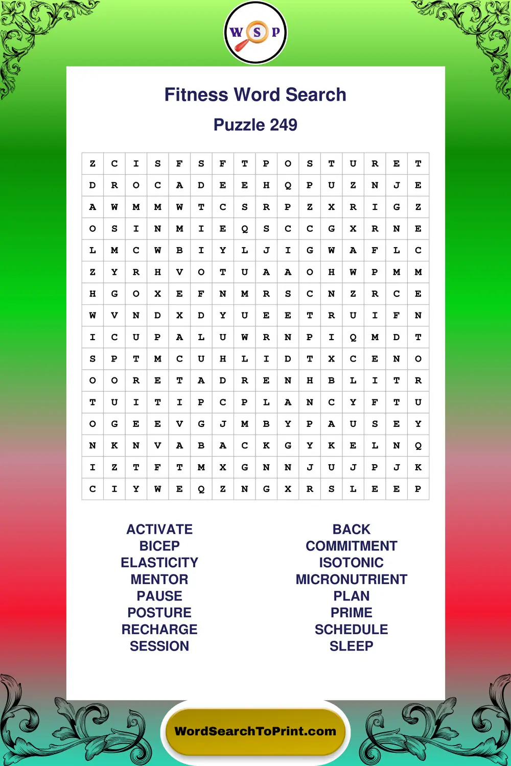 Fitness Word Search Puzzle 249