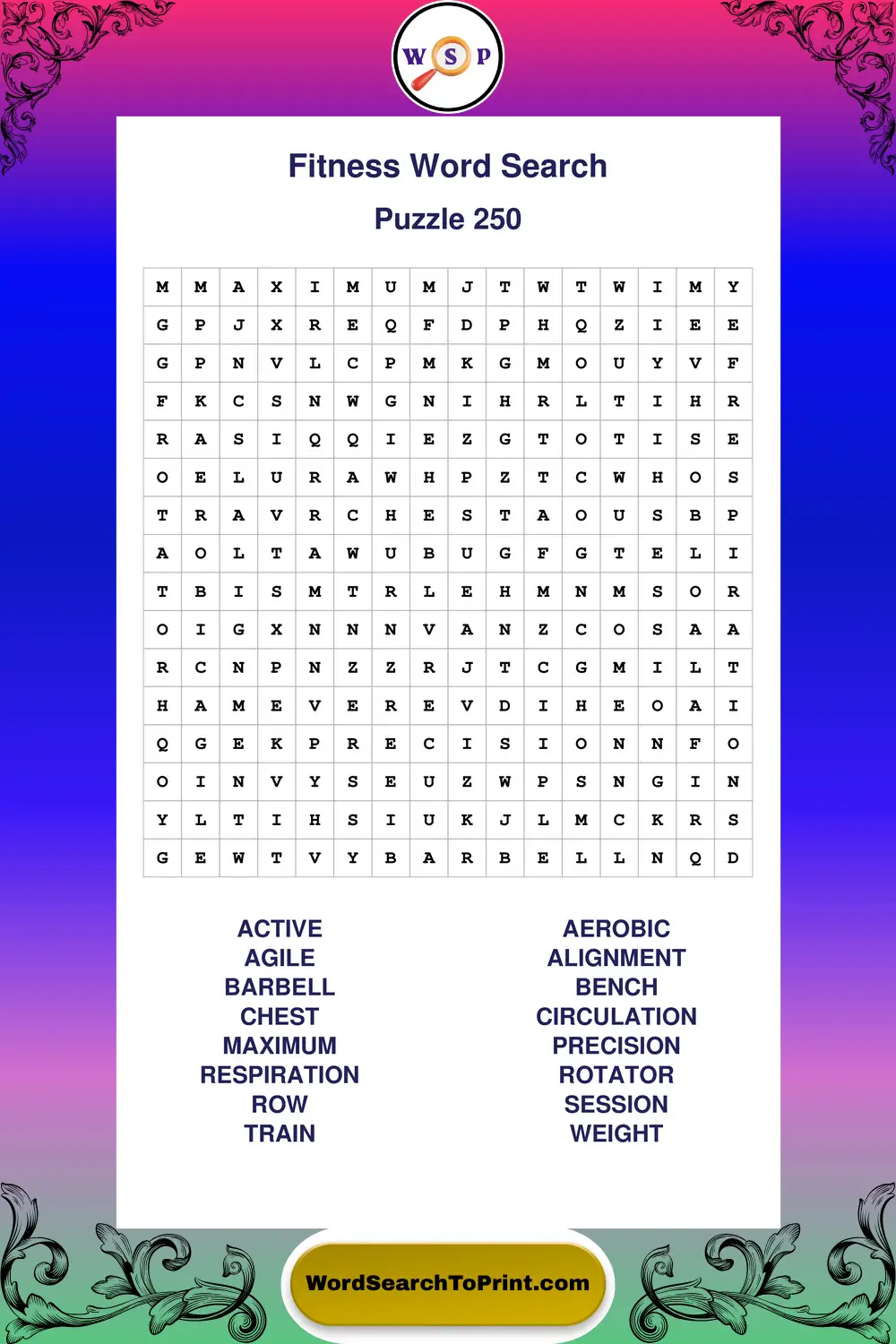 Fitness Word Search Puzzle 250