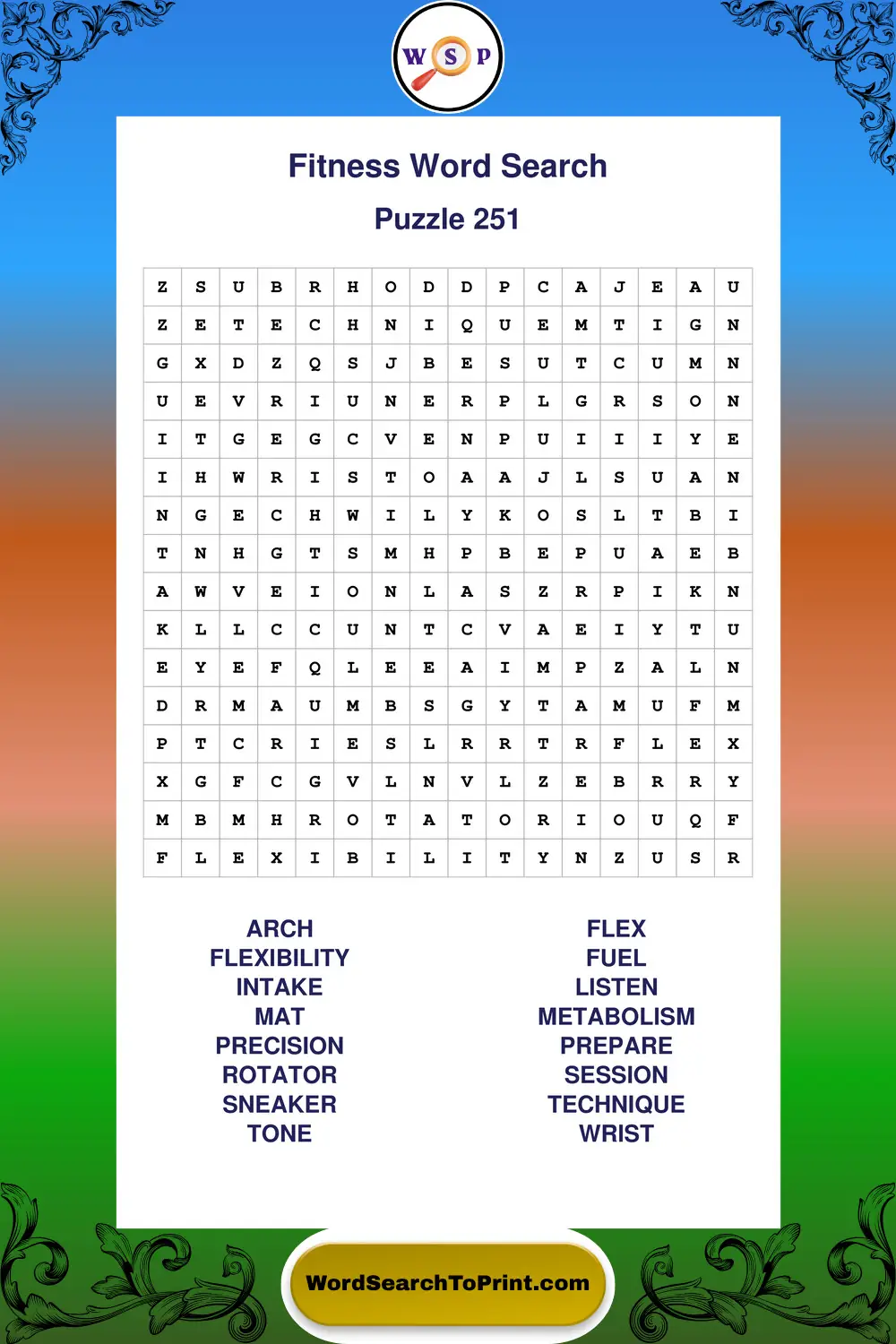 Fitness Word Search Puzzle 251
