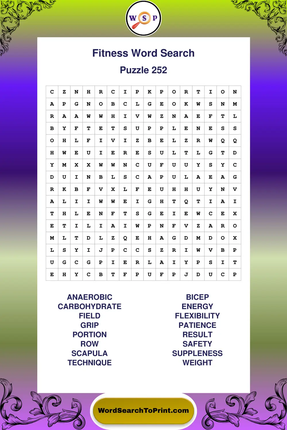 Fitness Word Search Puzzle 252