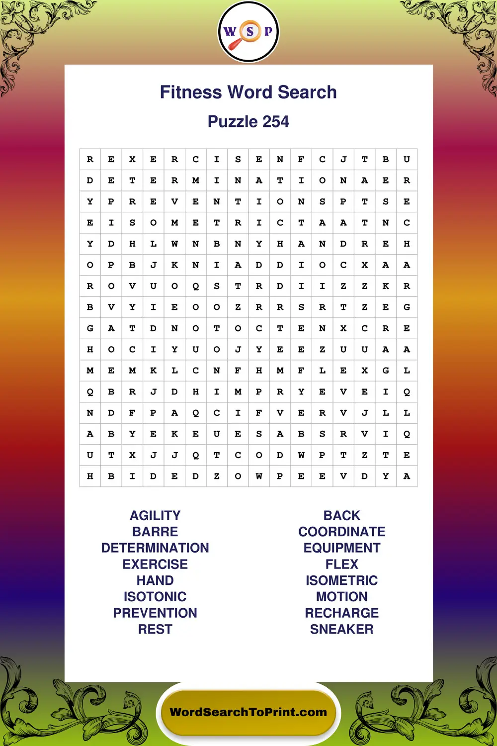 Fitness Word Search Puzzle 254