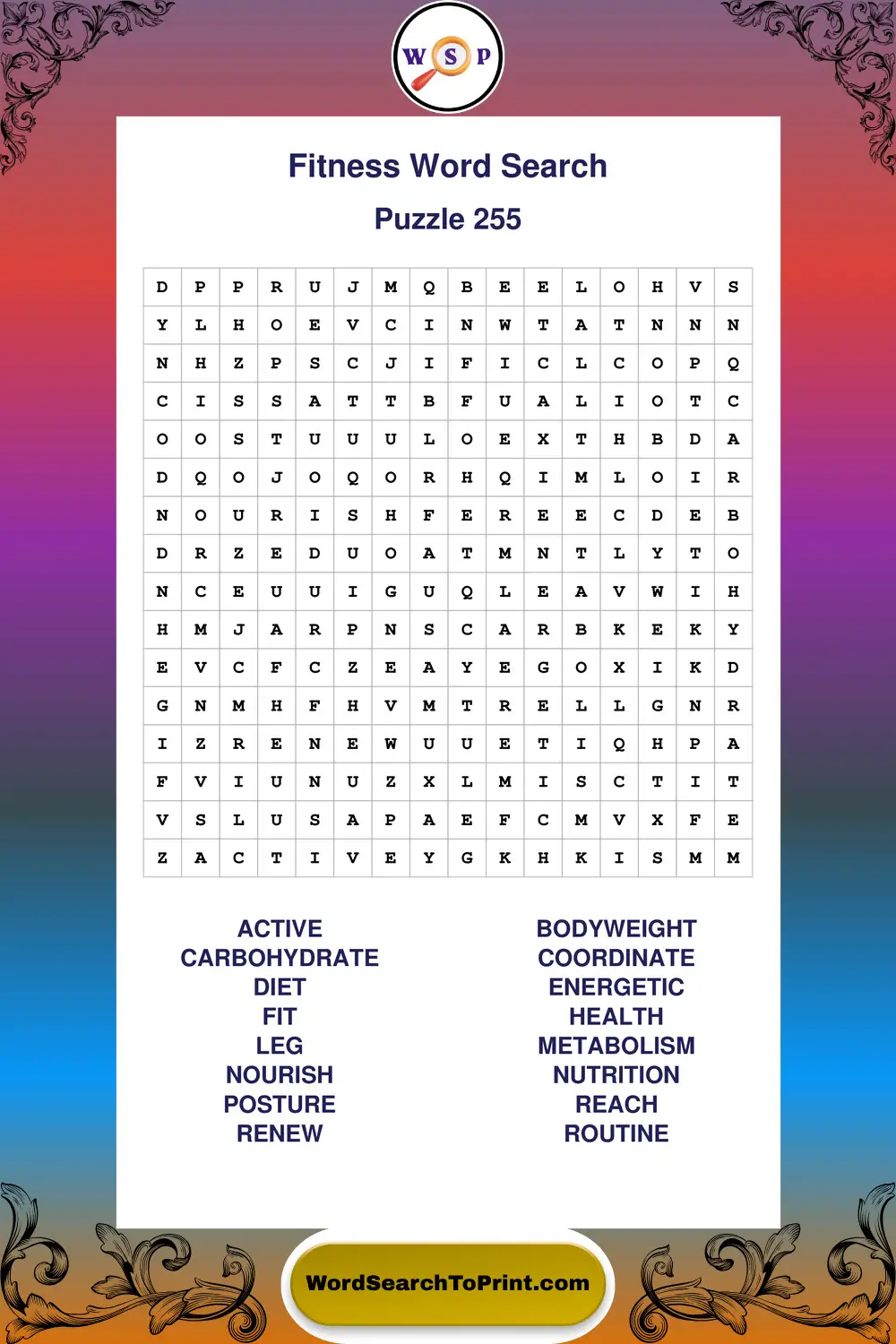 Fitness Word Search Puzzle 255