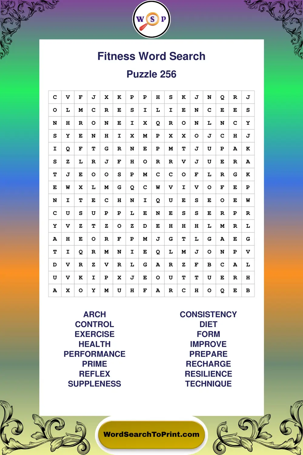 Fitness Word Search Puzzle 256