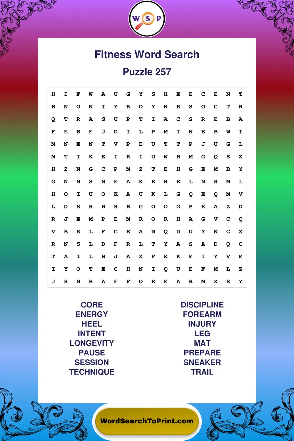 Fitness Word Search Puzzle 257