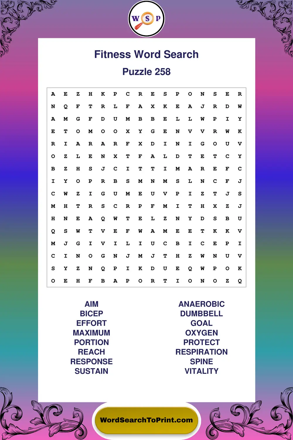 Fitness Word Search Puzzle 258