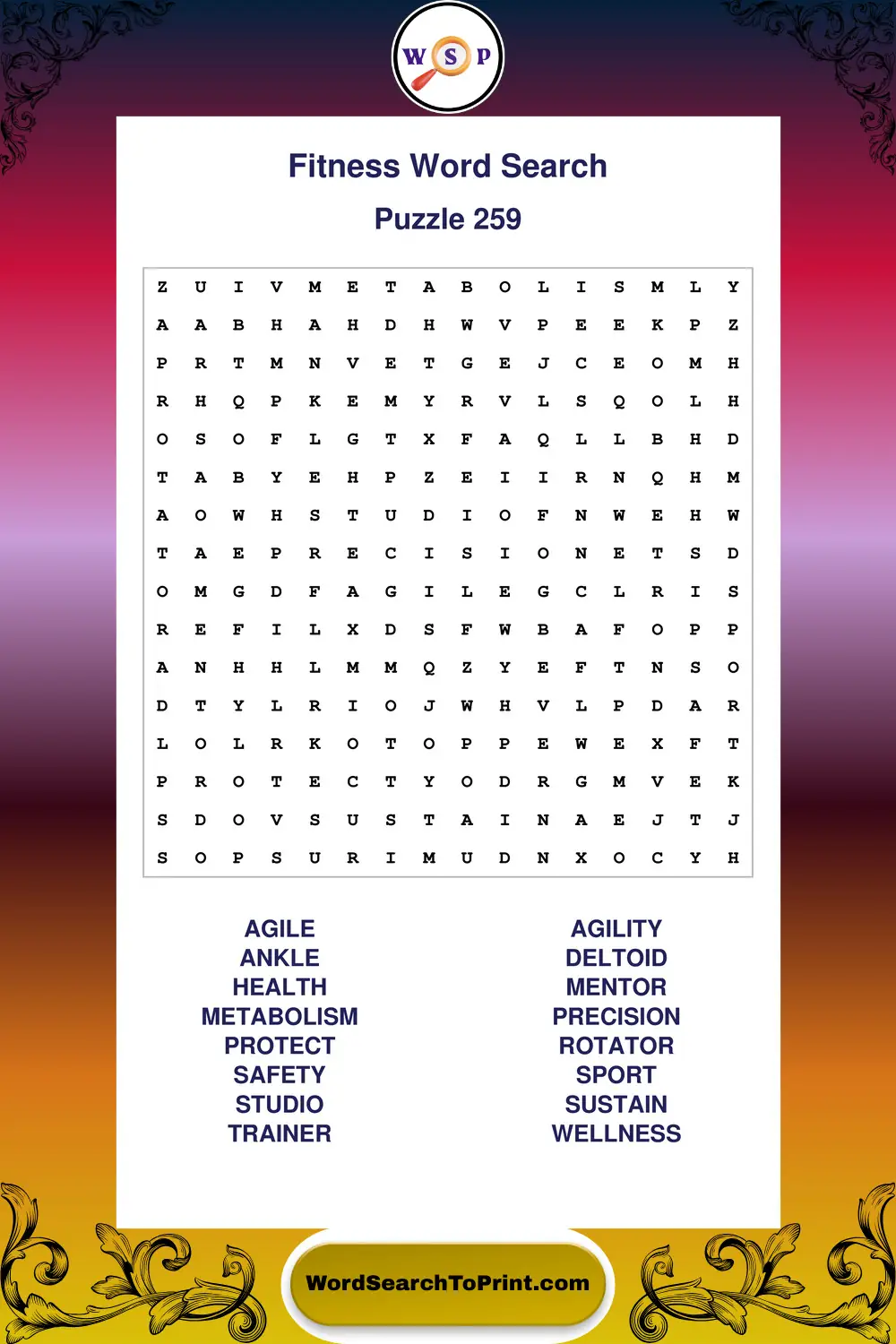 Fitness Word Search Puzzle 259