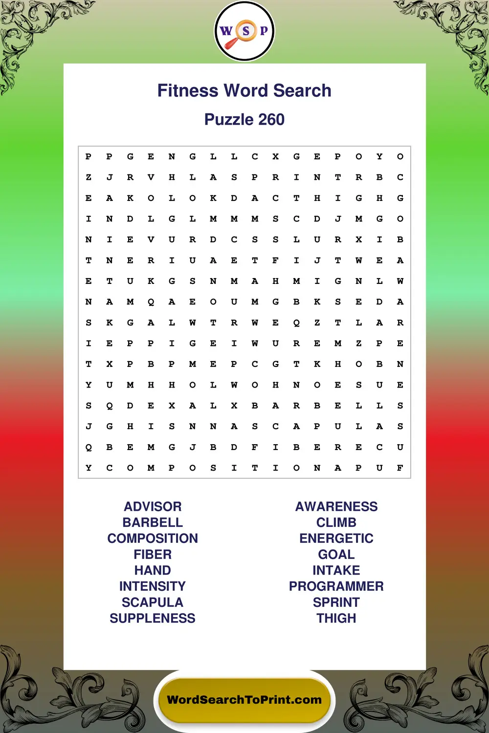 Fitness Word Search Puzzle 260
