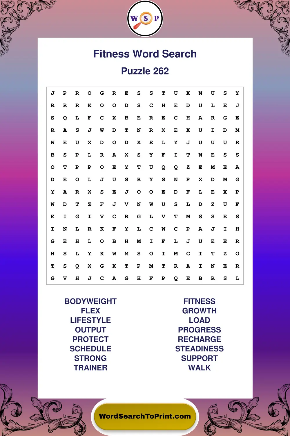 Fitness Word Search Puzzle 262