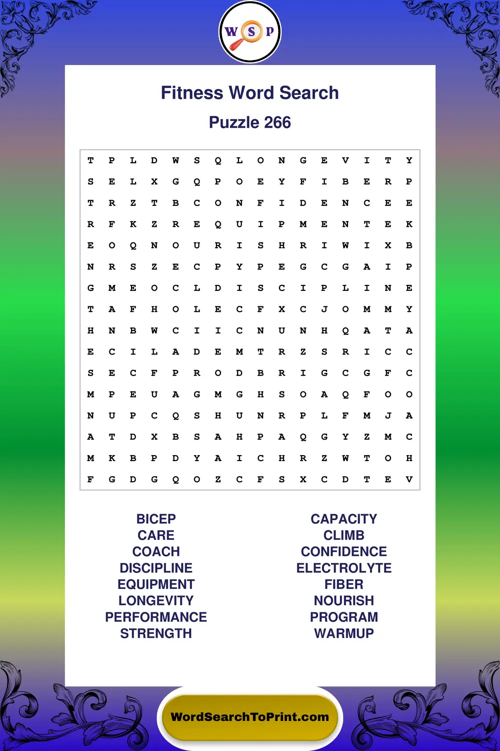 Fitness Word Search Puzzle 266