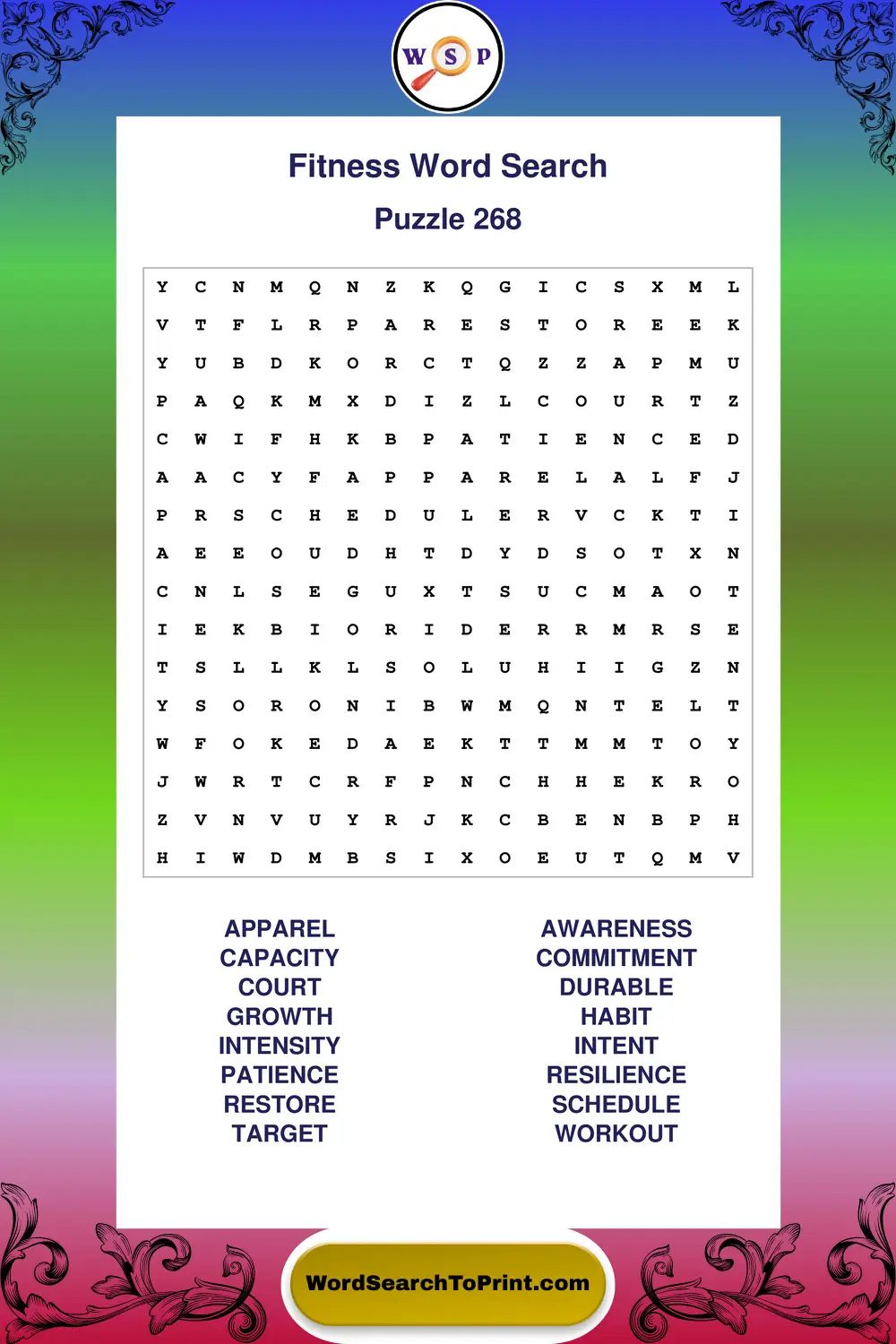 Fitness Word Search Puzzle 268