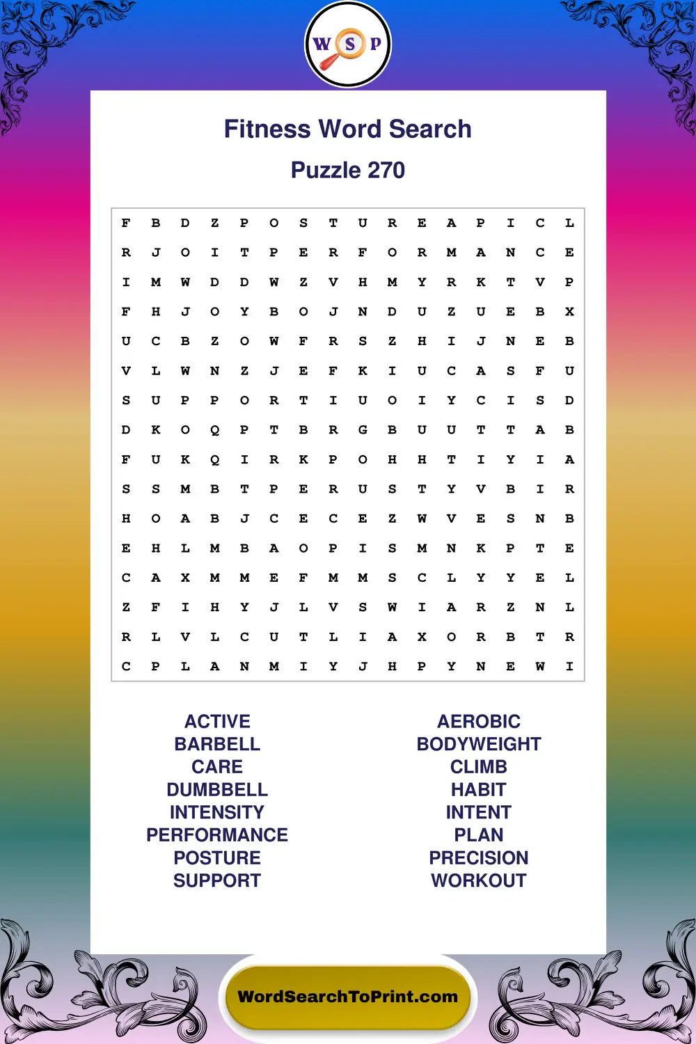 Fitness Word Search Puzzle 270