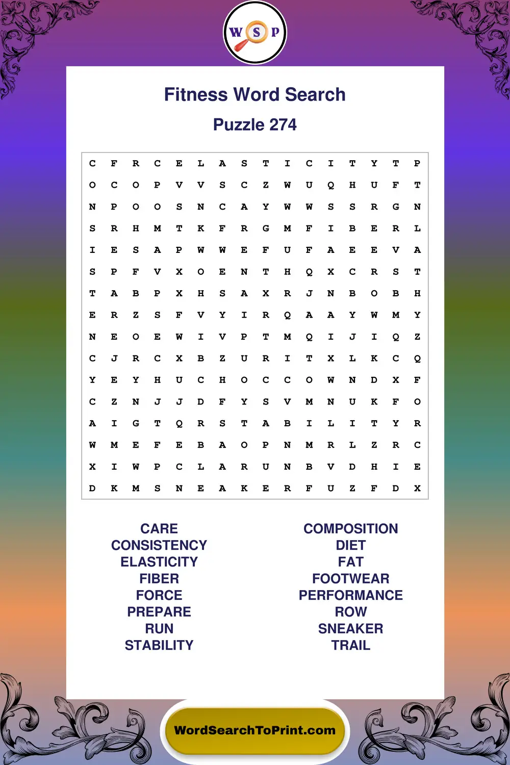 Fitness Word Search Puzzle 274