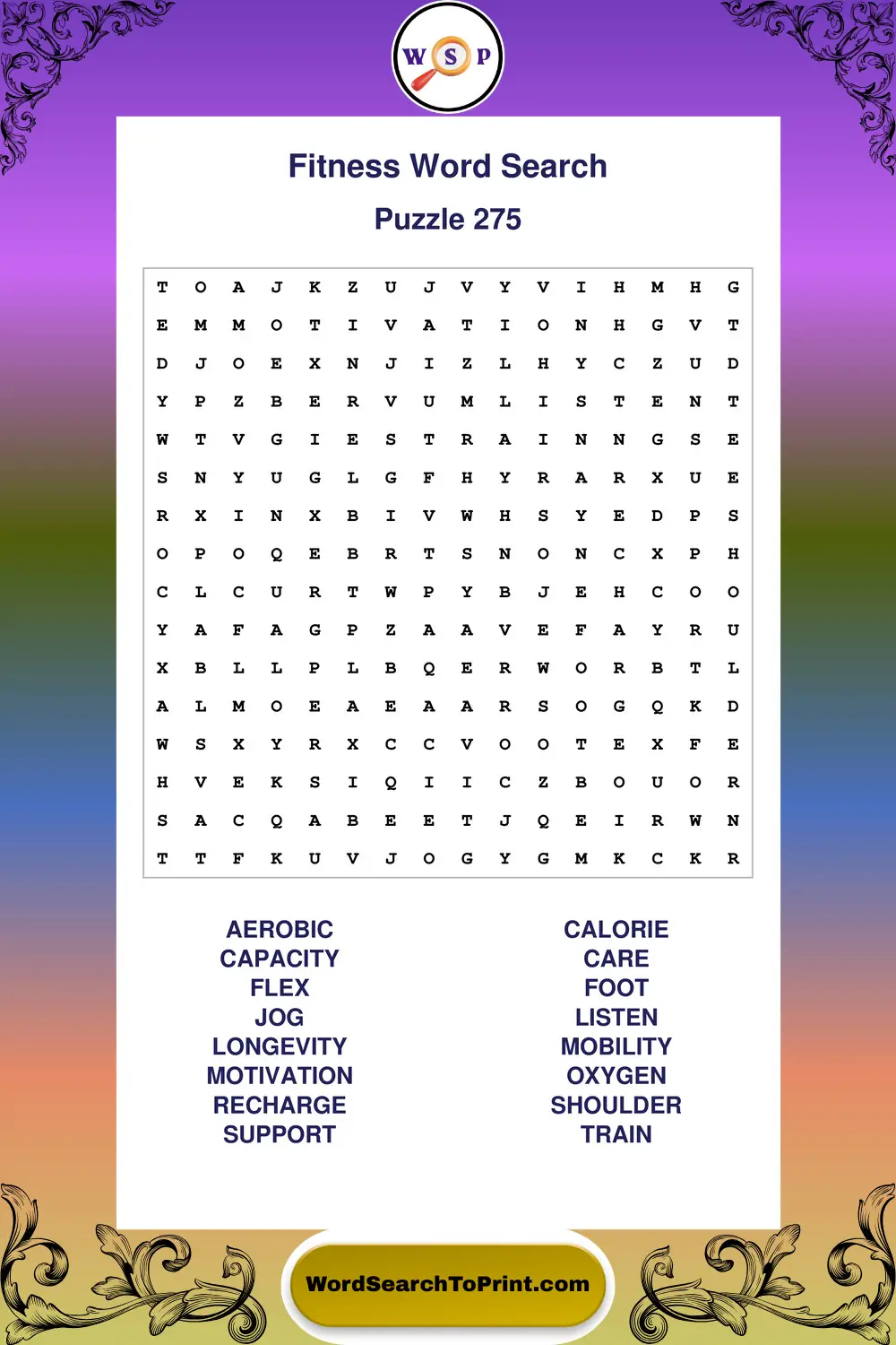 Fitness Word Search Puzzle 275