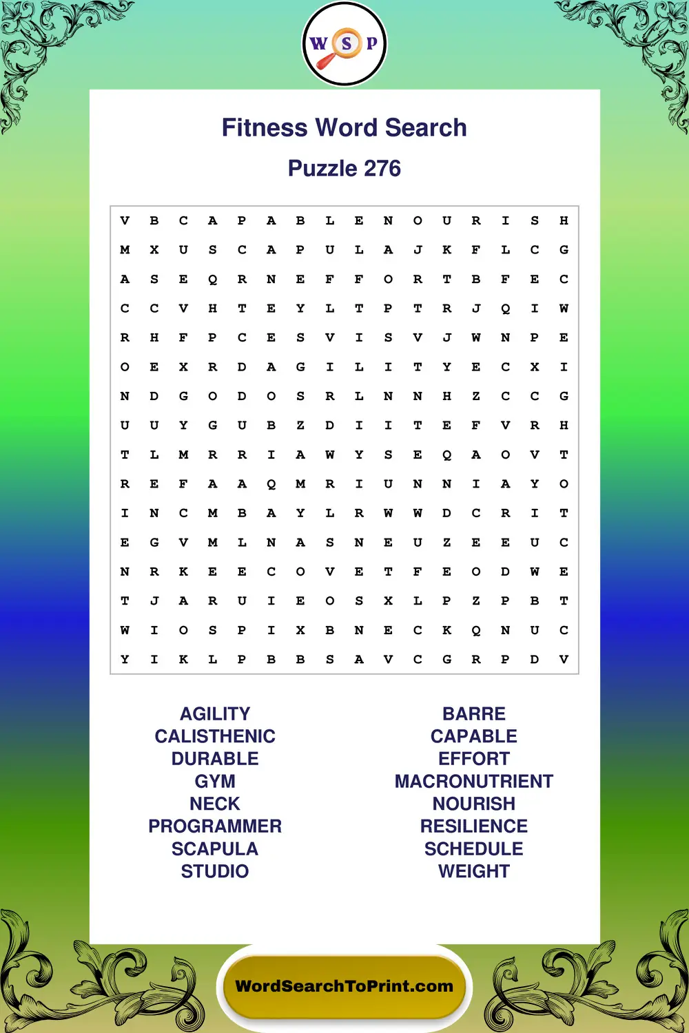Fitness Word Search Puzzle 276