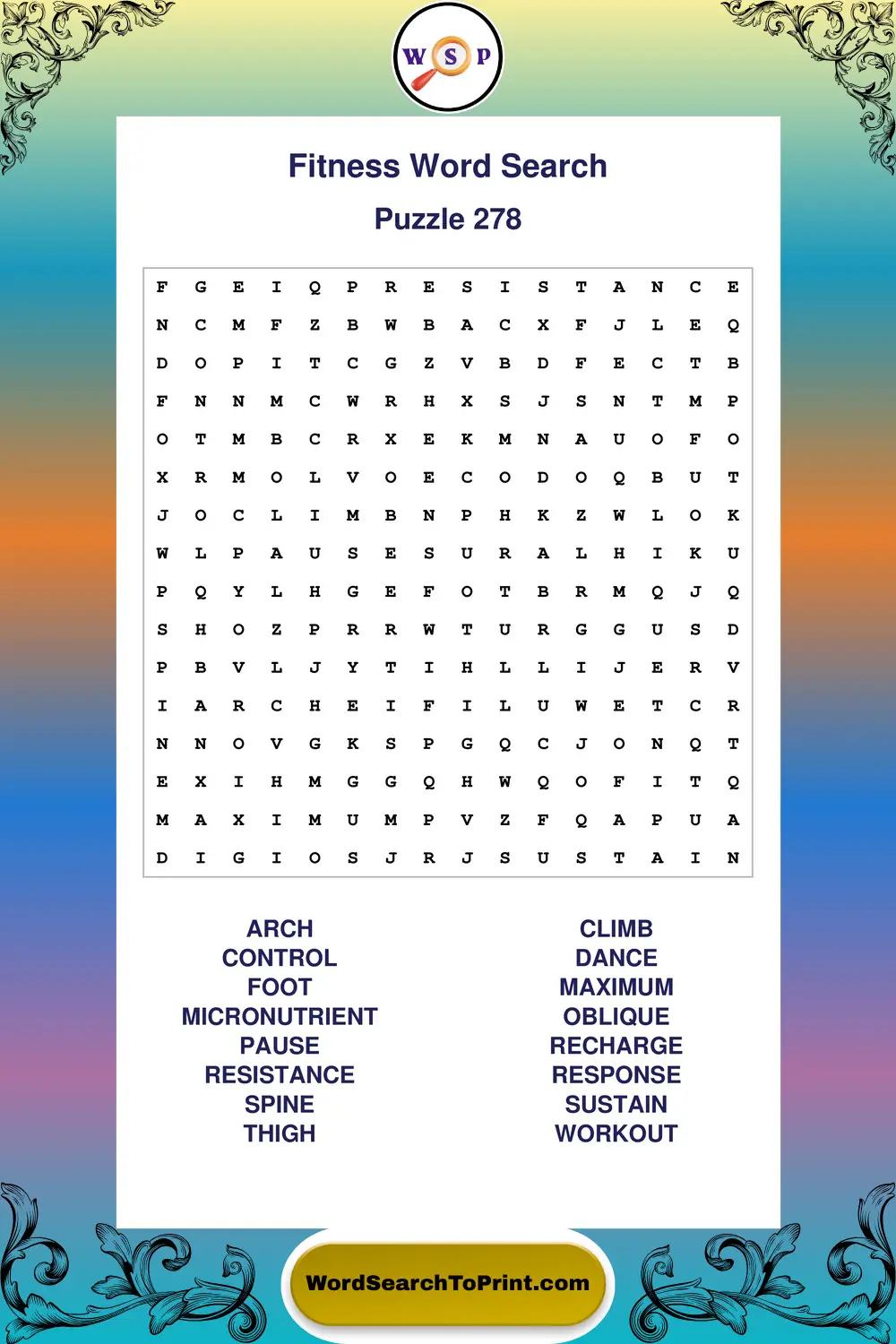 Fitness Word Search Puzzle 278