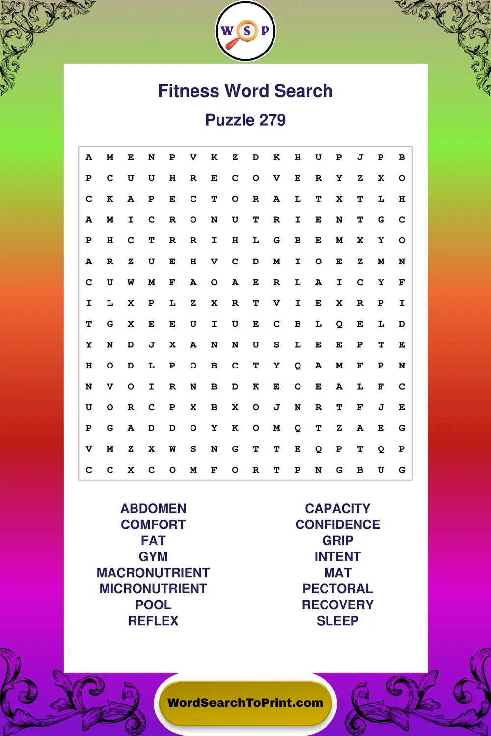 Fitness Word Search Puzzle 279