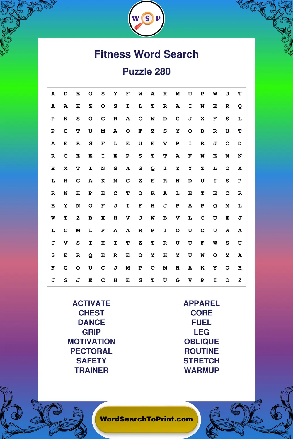 Fitness Word Search Puzzle 280