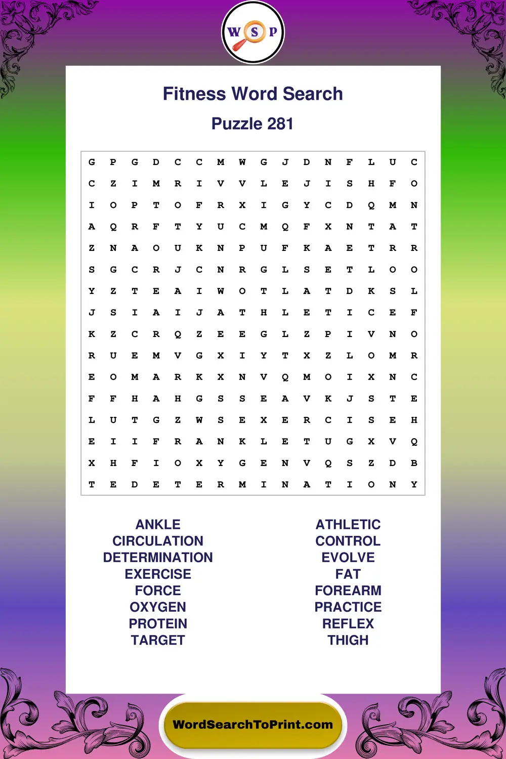 Fitness Word Search Puzzle 281