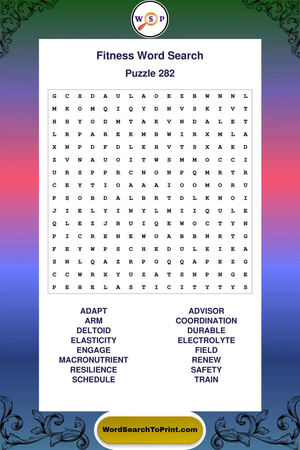 Fitness Word Search Puzzle 282