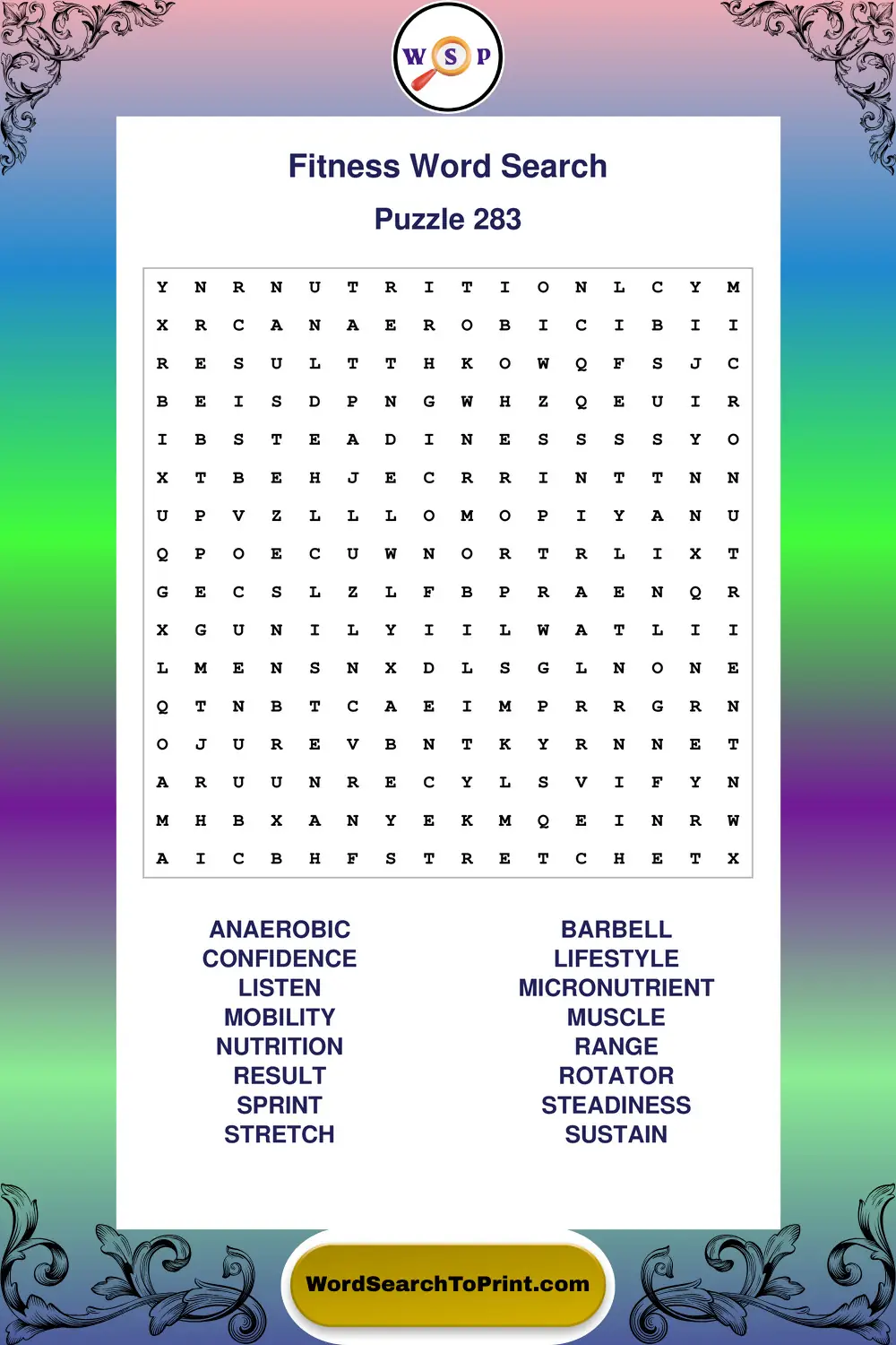 Fitness Word Search Puzzle 283