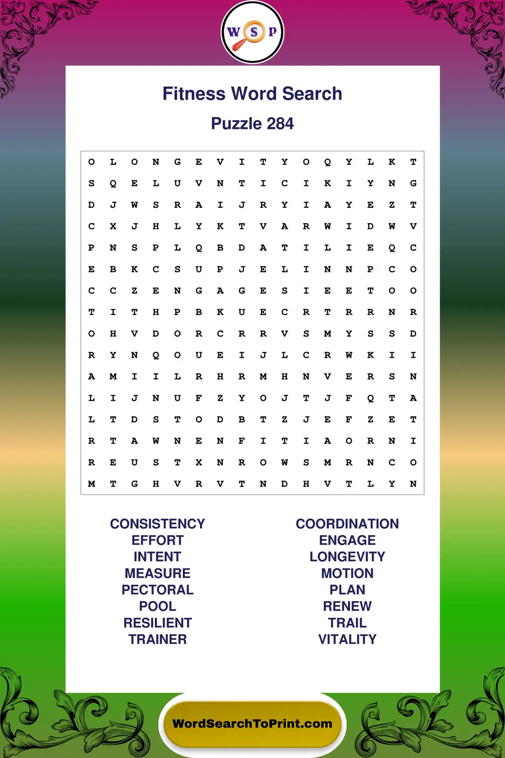 Fitness Word Search Puzzle 284